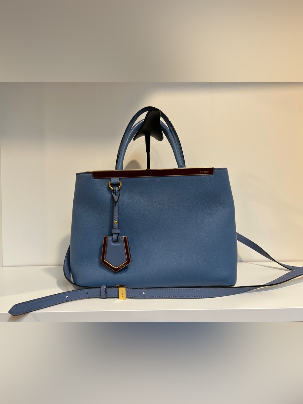 Fendi 2 Jours Blue Leather Top-Handle Tote Bag with Gold Hardware